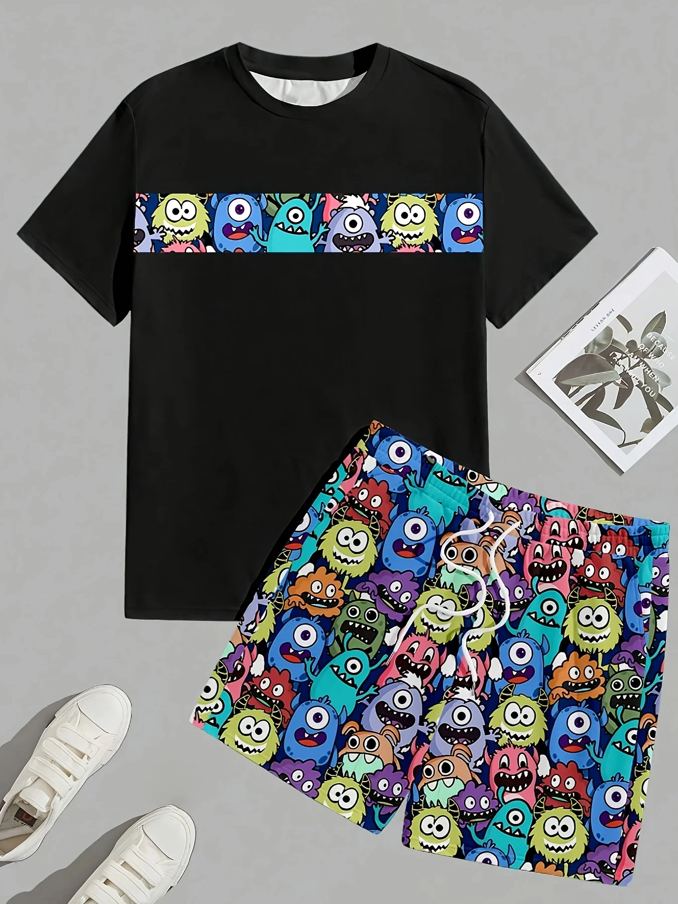 

Men's Summer Fun 2pcs Set: Quirky Cartoon Pattern Print, Casual Short Sleeve T-Shirt & Drawstring Shorts in Polyester - Machine