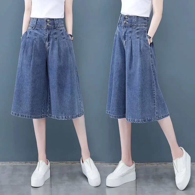 High Waist Wide Leg Jeans Women's Thin Model Summer Loose Fit Casual Long Pants Mid-Calf Length Bootcut Denim Skinnies