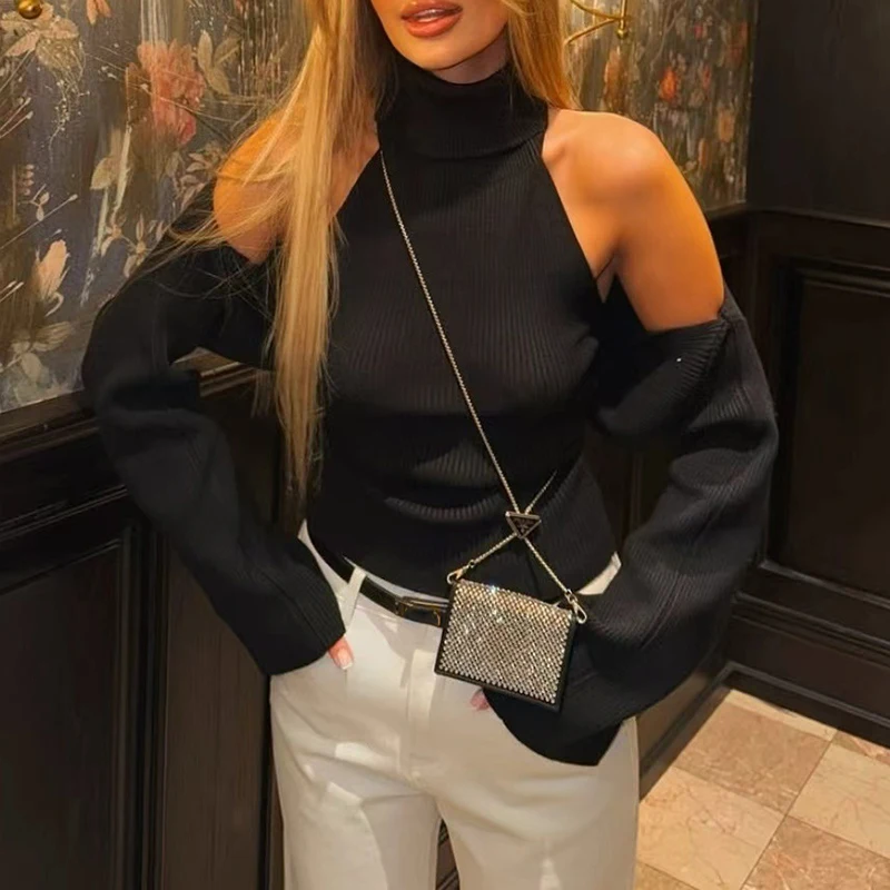 Winter Casual Long Sleeve Woman Set Women Elegant Backless Solid Shawl Piece Suits Autumn Fashion High Neck Pullover Knitwears