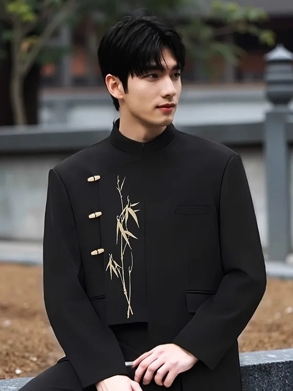 

Ele Embroidered Chinese Sle Wedding Suit for Men Youth ular Casual Western Clothes Spring Season Stand Fit