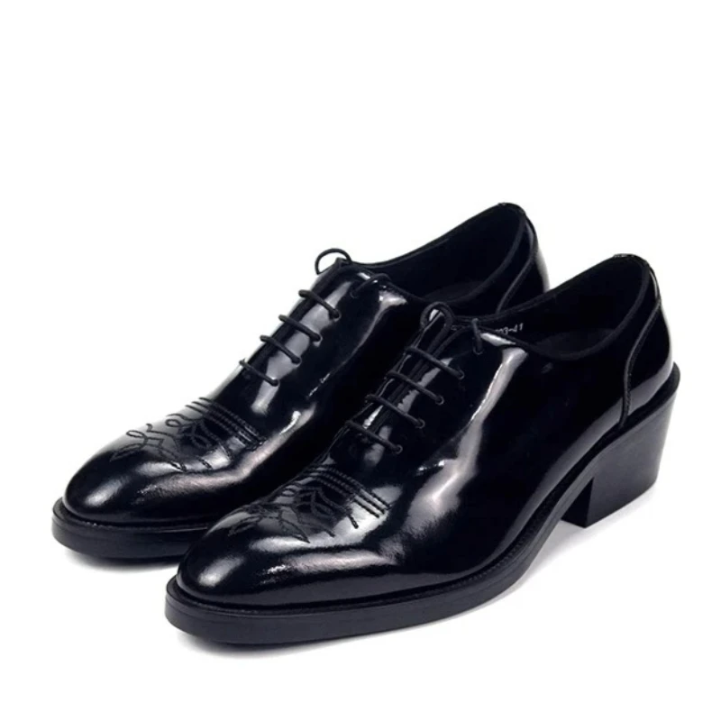 Vintage Mid Heel Oxfords Cowhide Floral Stitch Lace-Up Party Fashion Men Oxford Dress Shoes