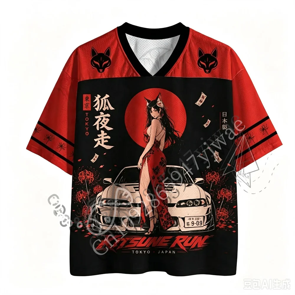 2026 Kitsune Runner Motorcycle T‑Shirt Japanese Culture Retro Punk Y2K Unisex Beach Streetwear Summer Short Sleeve Tee