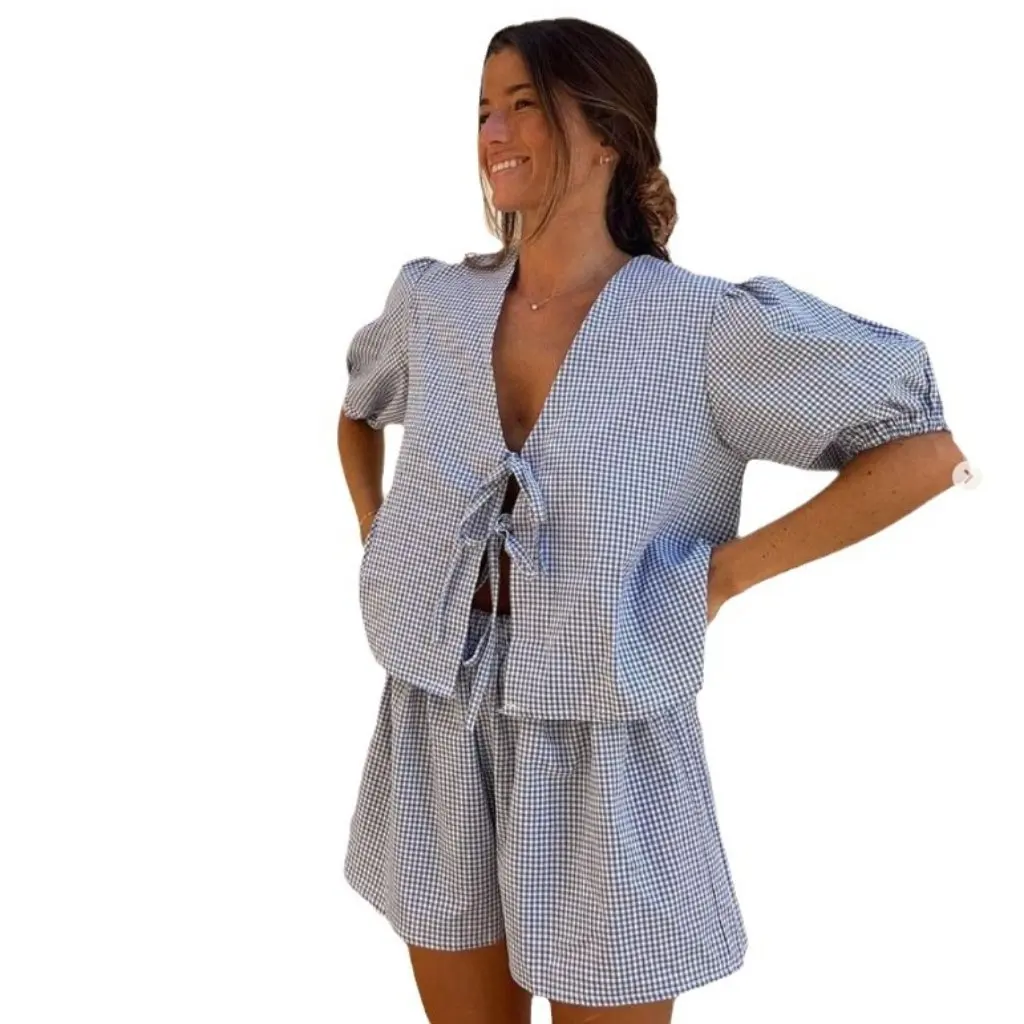 

Women's Summer Plaid Lace-up Top And Wide Leg Pants Set Casual High Waist Loose Fit Short Sleeve Outfit