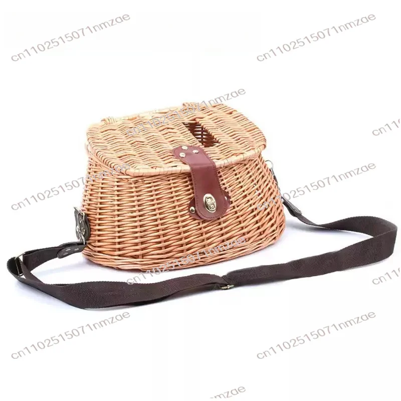 

Traditional Fish Guarding Cage for Angling Hand-Woven Vine Fish Basket & Wooden Lidded Fishing Bucket