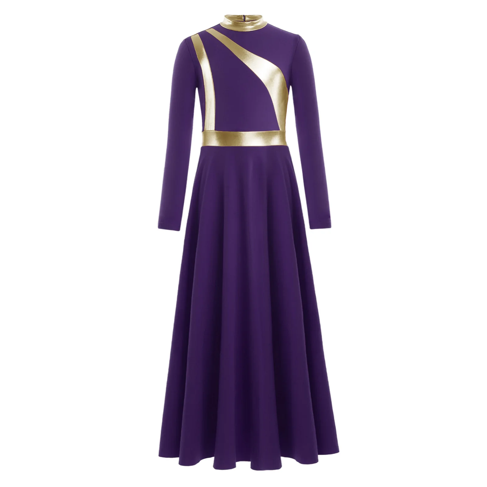 Kids Girls Liturgical Worship Praise Church Choir Performance Costume Long Sleeve Metallic Block Zipper Lyrical Dance Dress