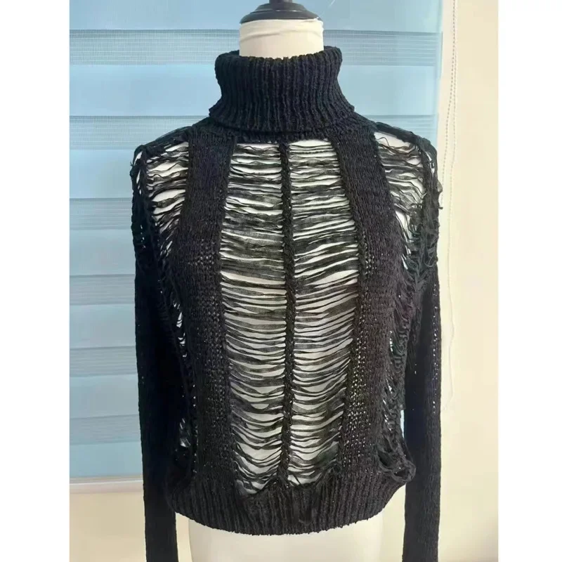 Hohl gestrickter Pullover würziges Mädchen Sommer High Neck modische lang ärmel ige Pullover Abdeckung mit Löchern dünnes Design Slim Fit Top