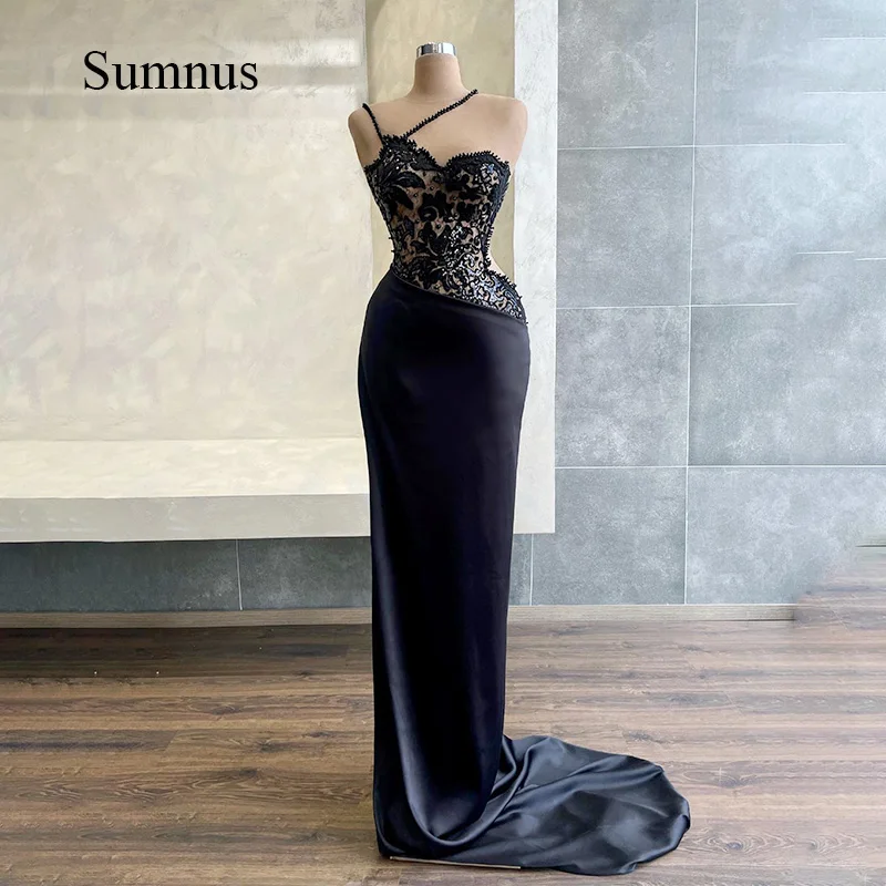 Black Mermaid Evening Dress Sleeveless Lace Appliques Party Dresses Spaghetti Straps Sweetheart Prom Gowns Robe de Soiree 2022