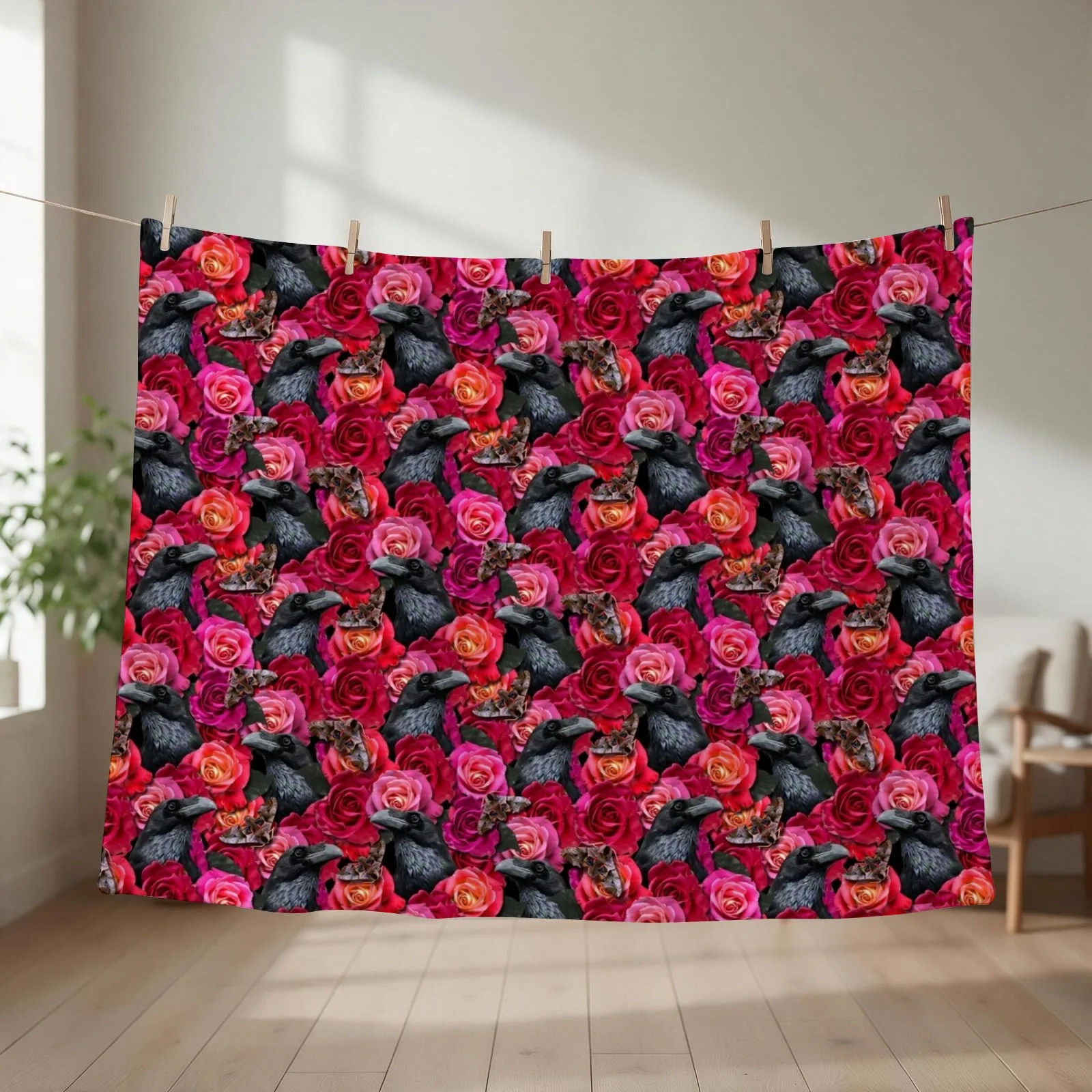 Raven Evermore with Roses and Hawkmoths Gothic Pattern by Moose Disco Throw Blanket Decoratives Bed Nap Blankets
