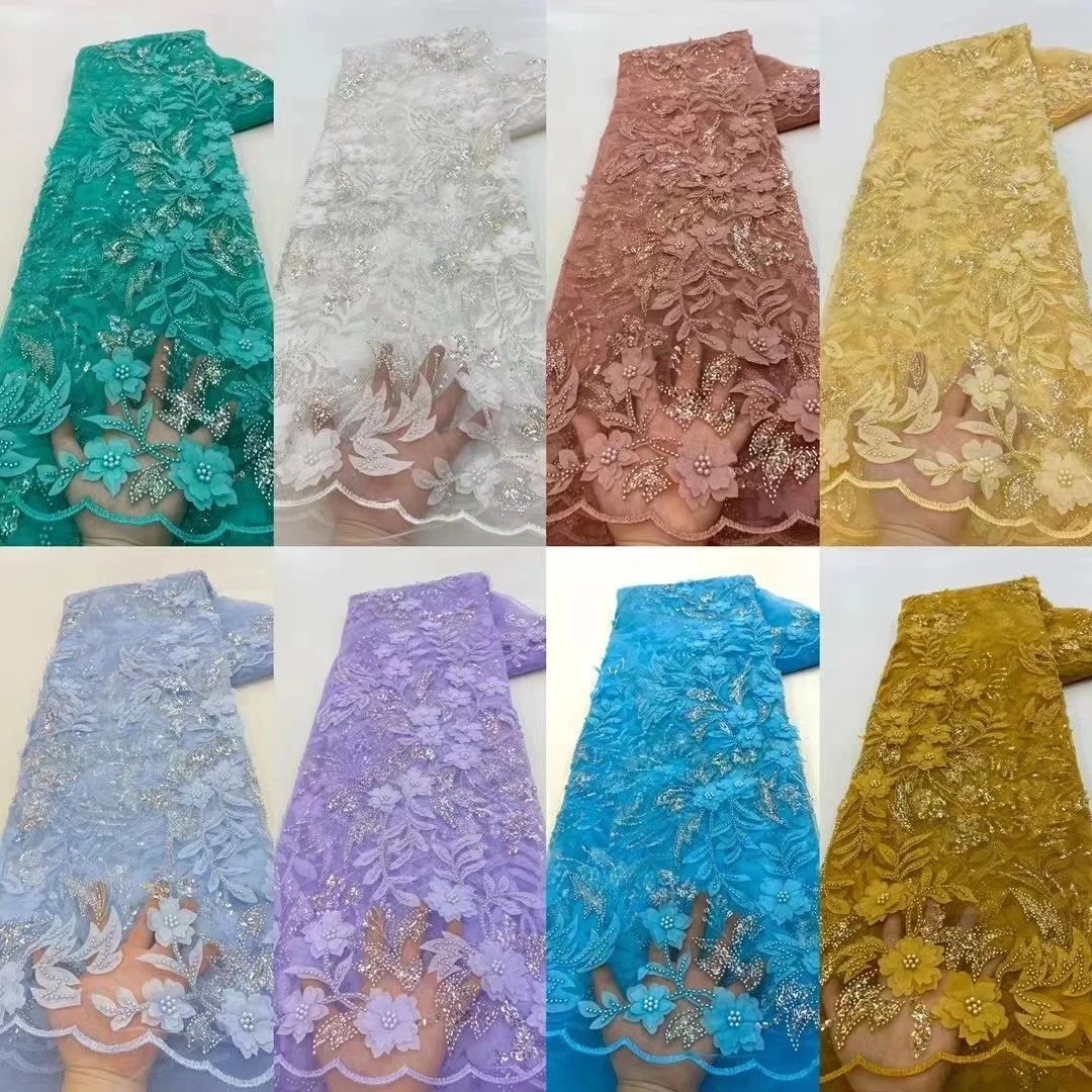 

High Quality African Nigerian Lace Fabric With Sequins Beads 3D Flowers Lace Embroidery Beaded Guipure Net Lace Prom Dresses