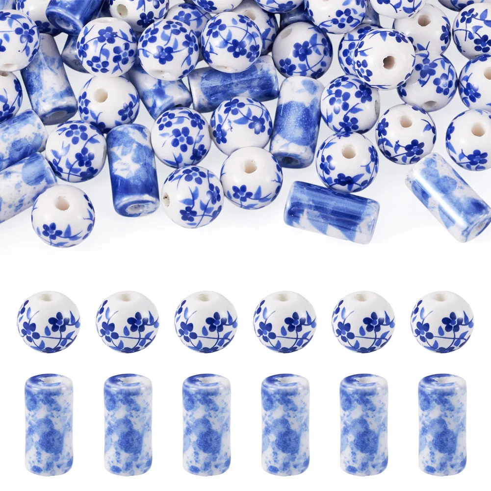 55pcs Blue Column Round Ceramic Beads Glossy Porcelain Loose Beads  DIY Jewelry Making Bracelet Necklace Accessories