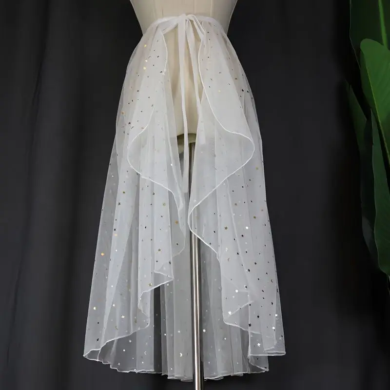 Lolita Shiny Star Court Style Belted One-Piece Mesh Cover up Half Skirt Overlap Japanese Style A-Line Skirt mid Waist Design