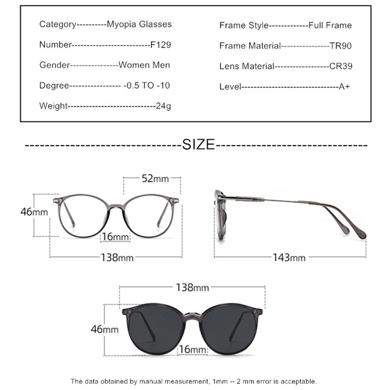 Prescription Custom Myopia Glasses -0.5 to -10 Polarized Or Night Vision Sunglasses Clips Men Women TR90 Frame Spectacles F129