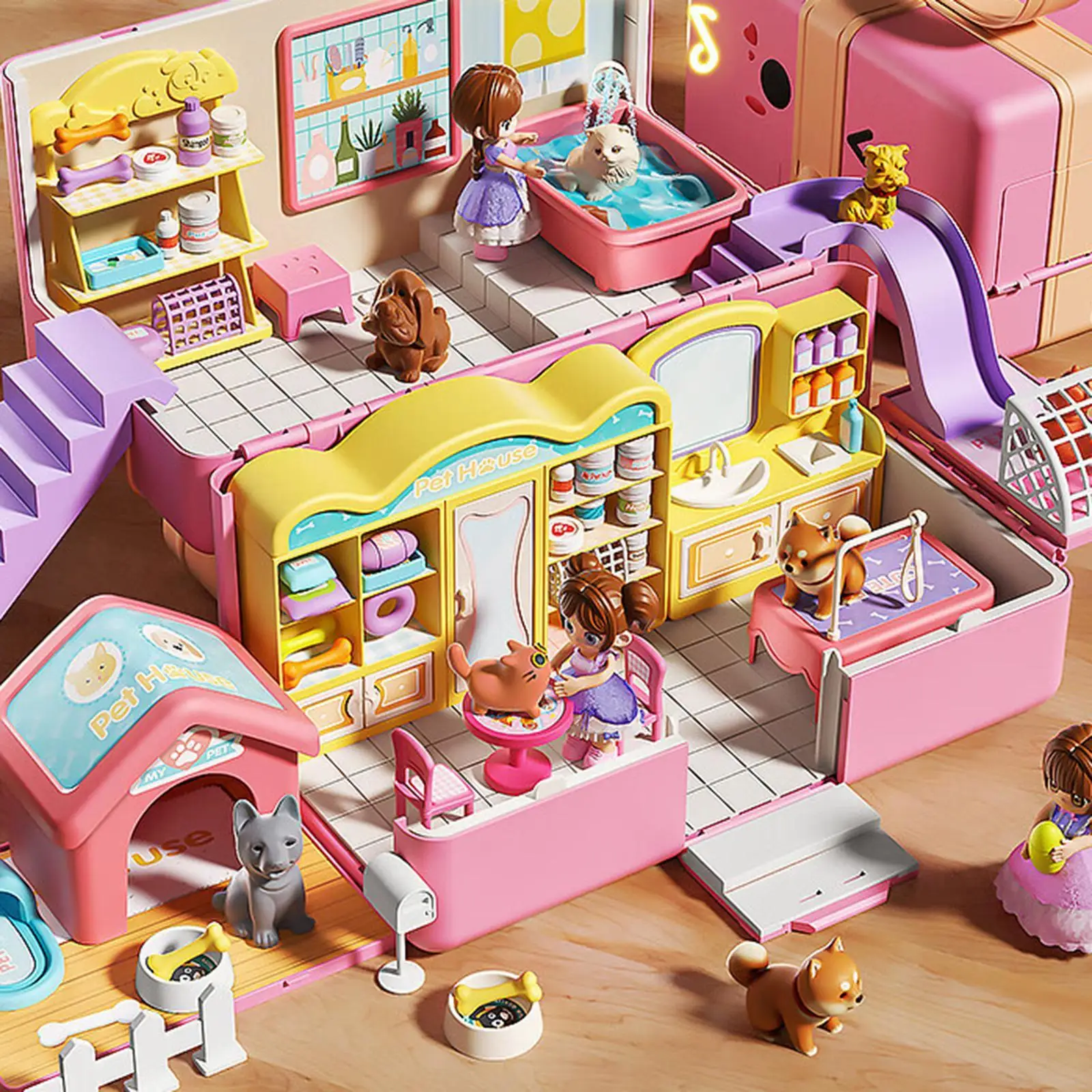 Set da gioco giocattolo per casa delle bambole con casa per animali domestici, regalo di compleanno, casa da gioco pieghevole e da andare, casa delle bambole da viaggio per ragazze dai 3 anni in su