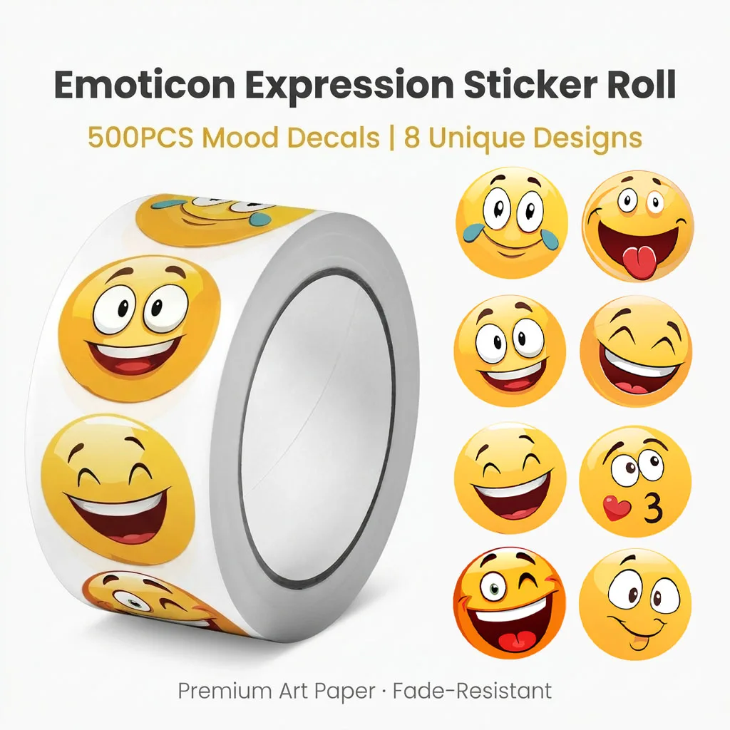 500Pcs/Roll Happy Funning Face Paste Sticker 2.5cm/1.0'' 16 Designs Decals Diy Adorn Gifts Suitable for Various Gift Packaging