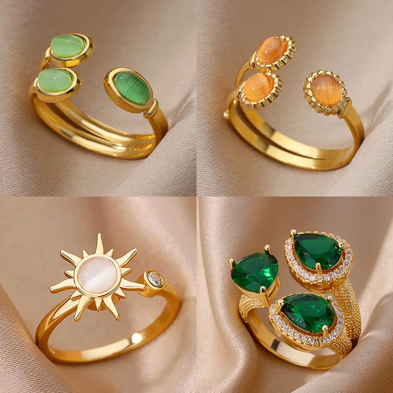 Anillo de piedra verde para mujer, anillo de piedra ajustable de Color dorado de acero inoxidable, joyería de moda estética para boda, accesorios de regalo