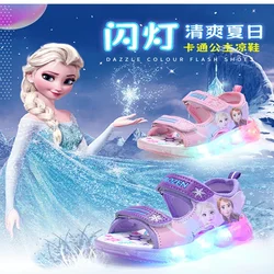 Baby Girl Summer Sandals Cartoon Disney Frozen Elsa Led Light Up Sport Running Slippers Casual Children Princess Kid Beach Shoes