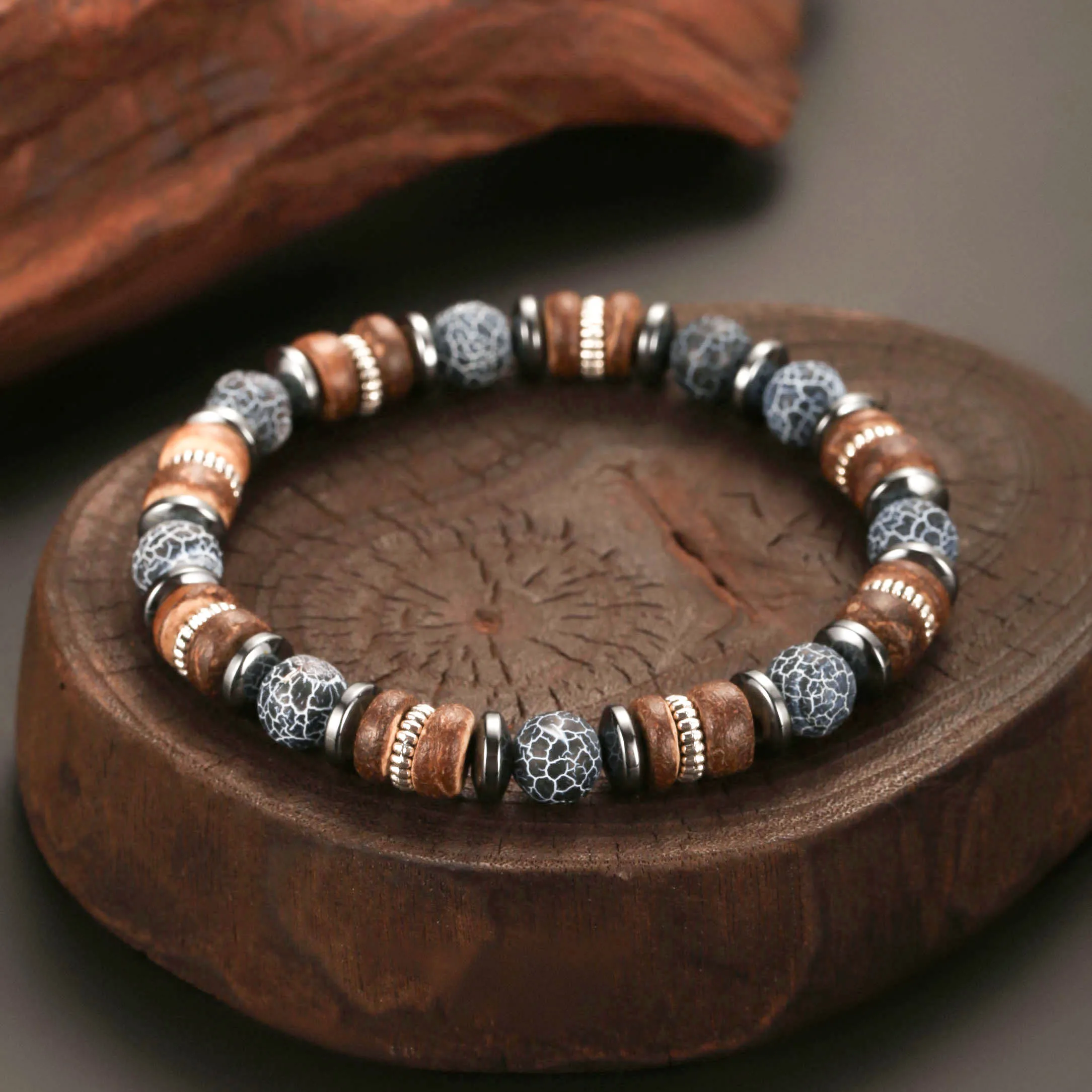 1PC INGX Man's Vintage Ethnic Gray Weathered Onyx Bracelet for Men Tribal Coconut Spacers Wooden Beaded Bracelet Men Jewelry