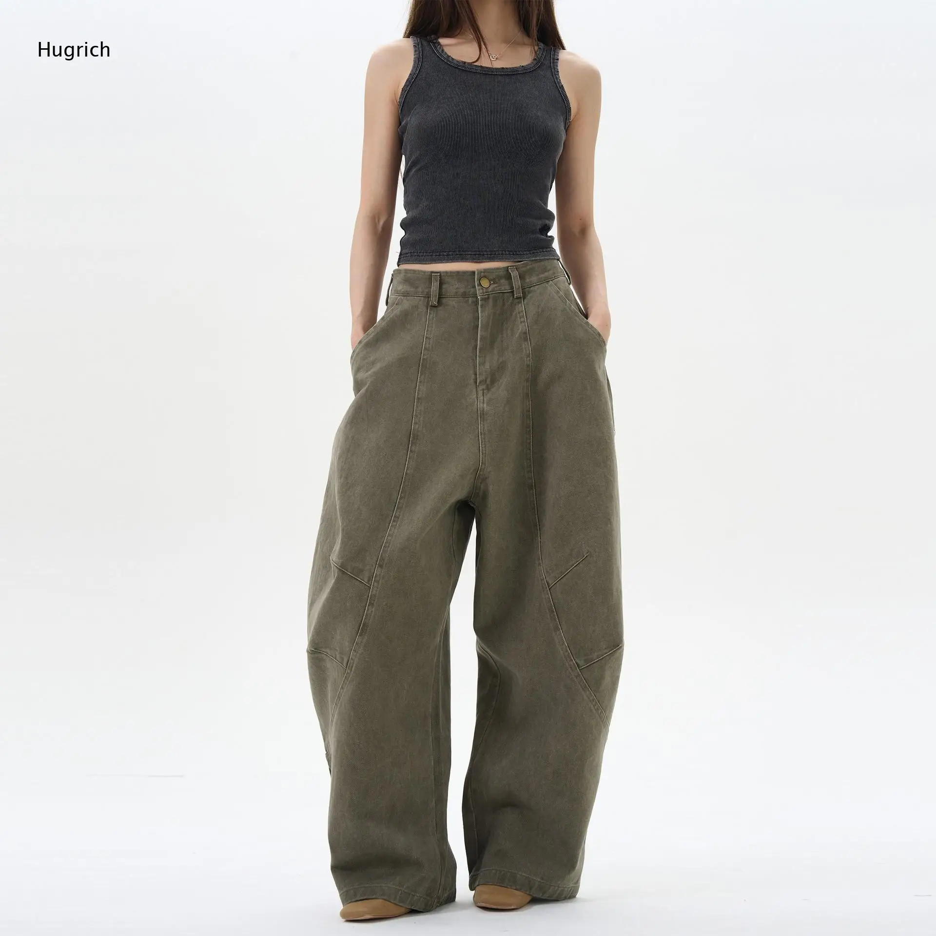 Women's Vintage Washed Wide Leg Cargo Pants - High Waist Loose Fit Denim Trousers with Gradient Color for Casual Streetwear