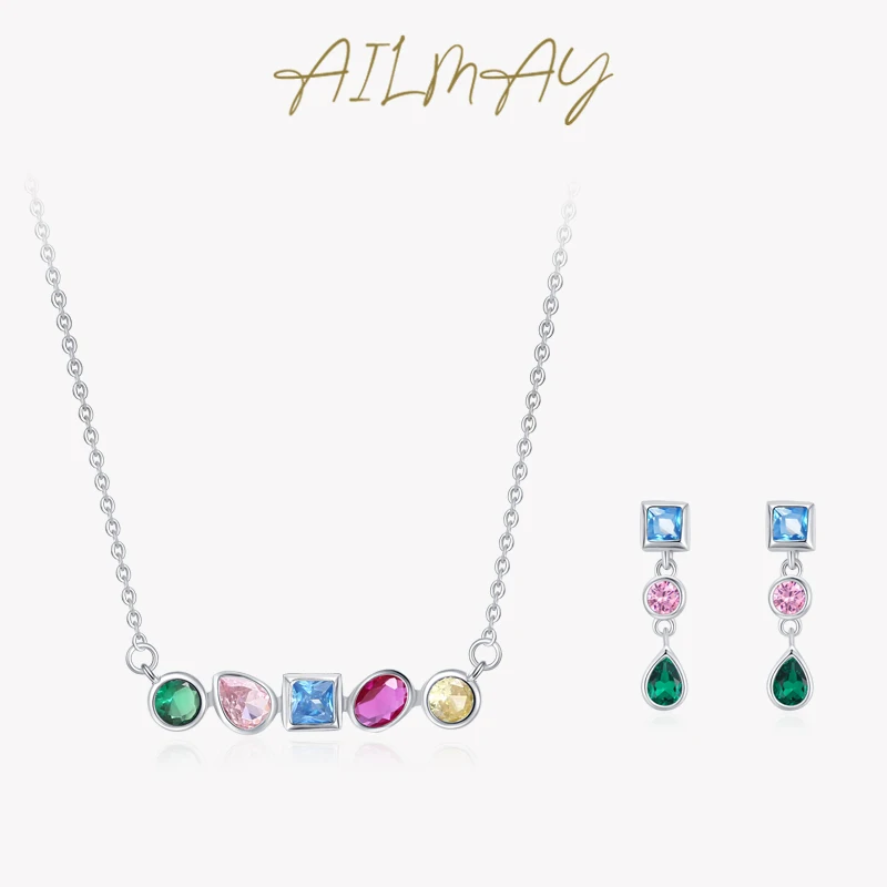 Ailmay 925 Sterling Silver Luxury Rainbow CZ Geometric Design Jewelry Sets For Women Girls Wedding Statement Accessories Jewelry