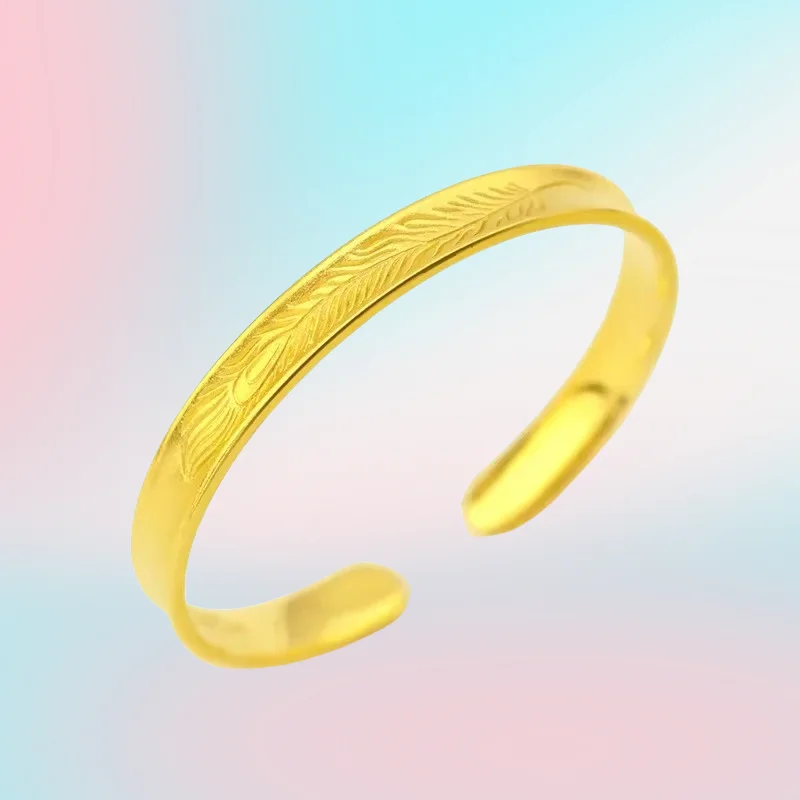 

new 9999 Real Gold 24K Gold Version Women's Feather Bracelet Fashion Wind Sandblasting Texture Printing Love Girl Bracelet