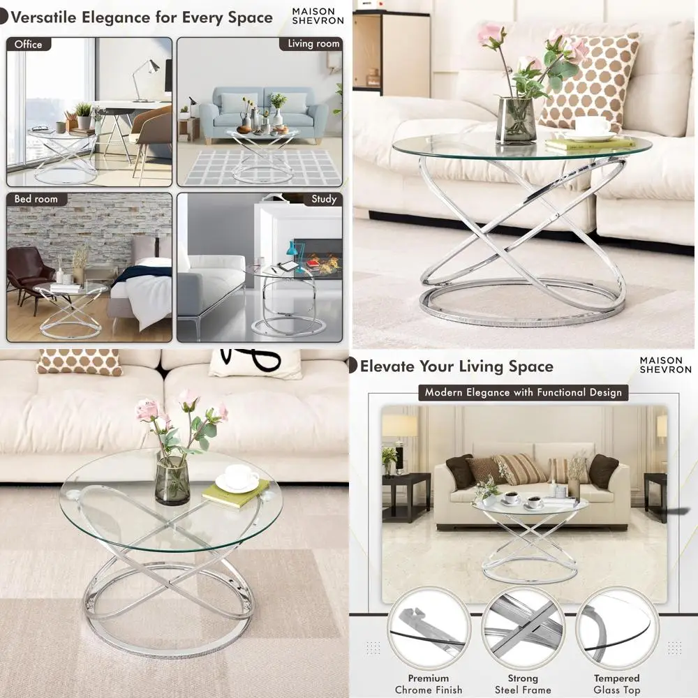 

Stylish Silver Cross-Leg Glass Coffee Table - 26.7 Tempered Glass, Space-Saving for Living Spaces