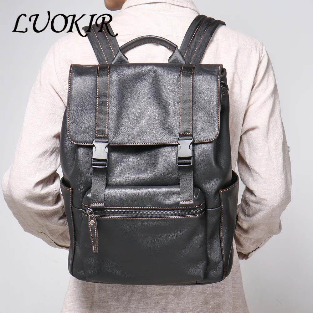 LUOKIR New Men's Genuine Leather Backpack Top Layer Cowhide Large Capacity Computer Backpack Casual Travel Backpack School Bag