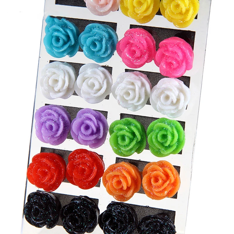 High Grade Trendy 12 pairs Multicolor Rose Flower Resin Stud Earring For Women Girl Ear Jewelry Wholesale