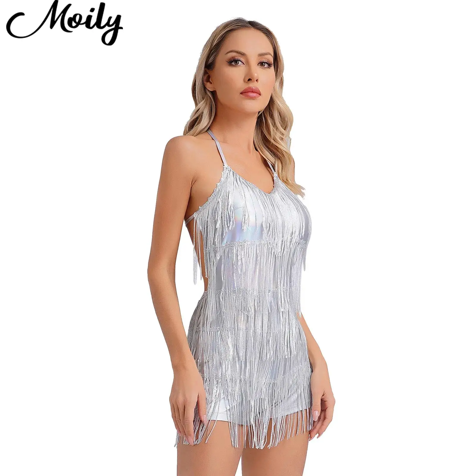 

Women Sequined Tassel Fringe Latin Tango Cha-cha Dance Bodysuit Female Party Rompers Metallic Jumpsuits for Performance Clubwear