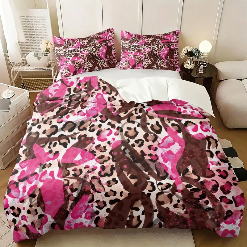 Pink Leopard Camo Pattern Duvet Cover Set(1 Duvet Cover & 1/2 Pillowcase) Stylish Bedding Set Soft Microfiber Bedroom Home Decor