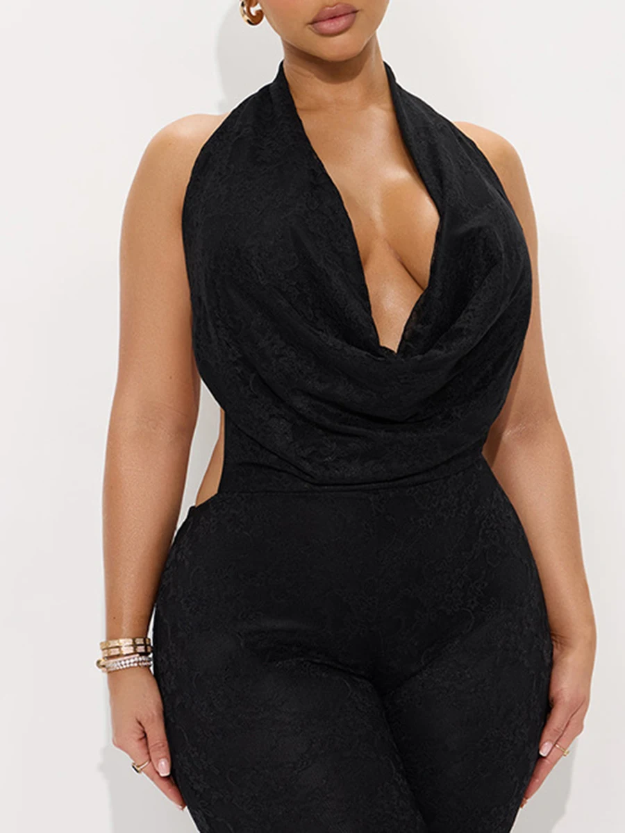 ZIML Solid Spliced Lace Tunic Slimming Jumpsuit for Women Halter Sleeveless High Waist Temperament Jumpsuit Female Fashion Style