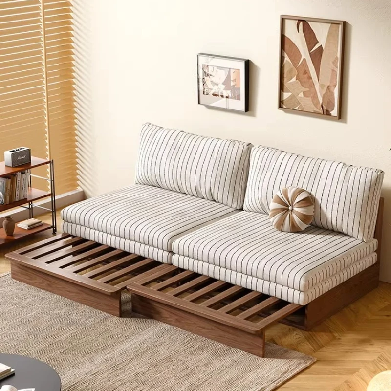 

Sofa bed retro folding solid wood double small apartment cotton and linen telescopic