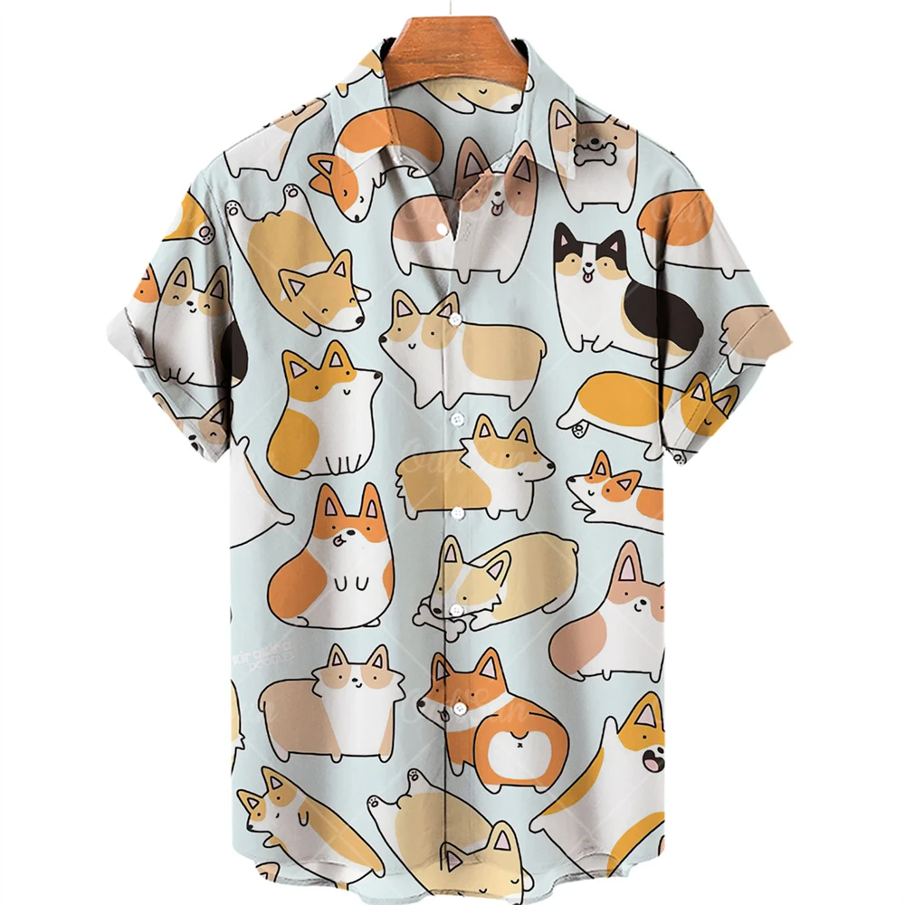 Animal camisa estampa havaiana com gola, top solto de manga curta hip-hop, roupas grandes para desenhos animados, vestido vintage casual, verão