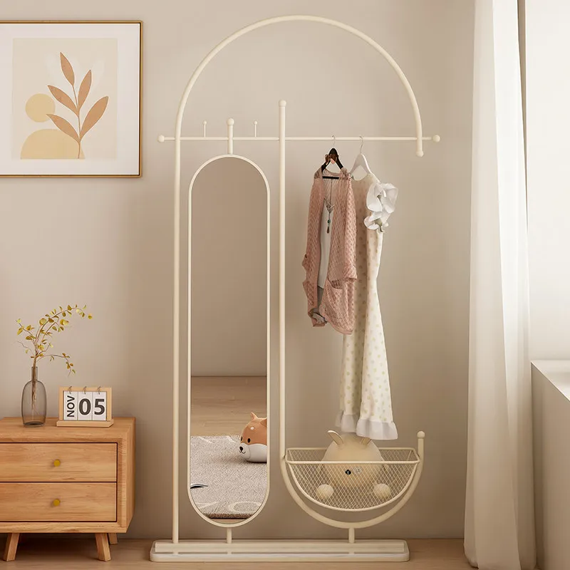 Cream floor-to-ceiling coat rack mirror, integrated hanger household rotating dirty clothes mirror mobile hanger