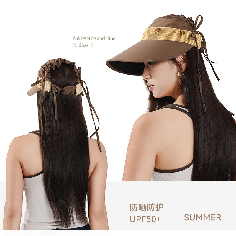 Women's UPF50+ Straw Spliced Wide Brim Visor Hat, Summer Breathable Outdoor Sun Protection Empty Top Cap