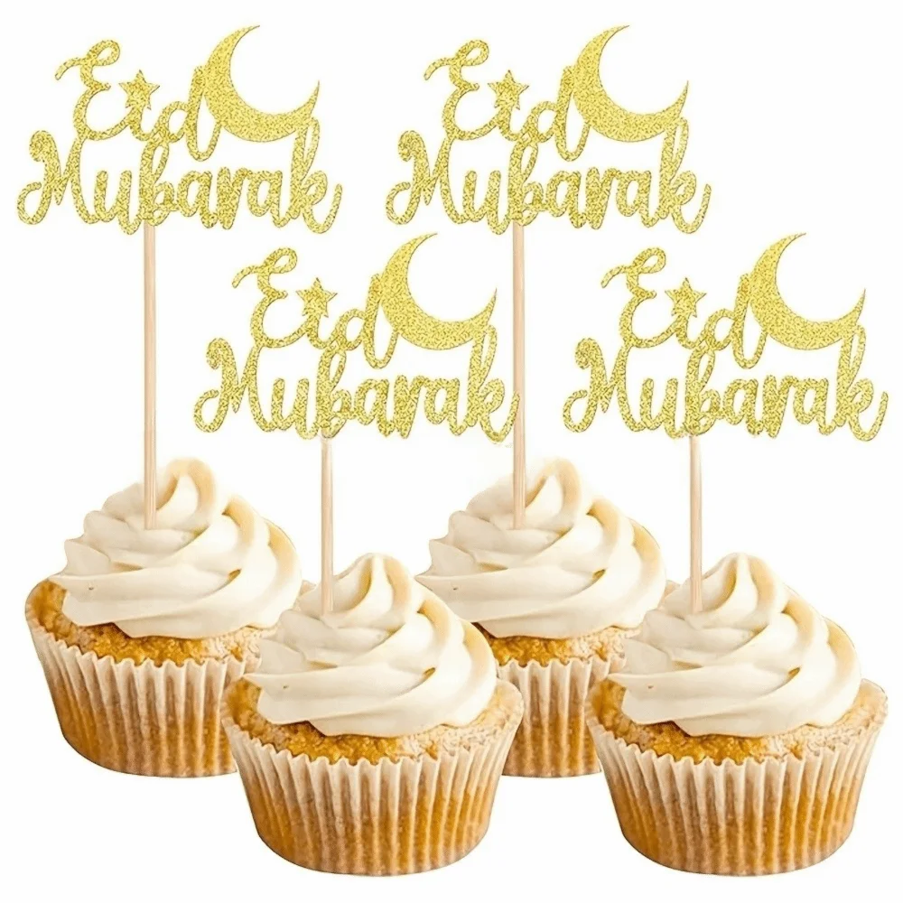 24PCS Decorative Cake Decorative Toppers Eid Mubarak Glitter Gold Baking Cake Flags Ramadan Mubarak