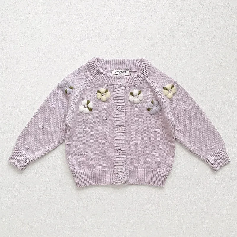 2024 New Autumn Baby Girls Knitting Cardigan Coat Long Sleeved Floral Embroidery Casual Loose Sweater Coat Kids Knitted Cardigan