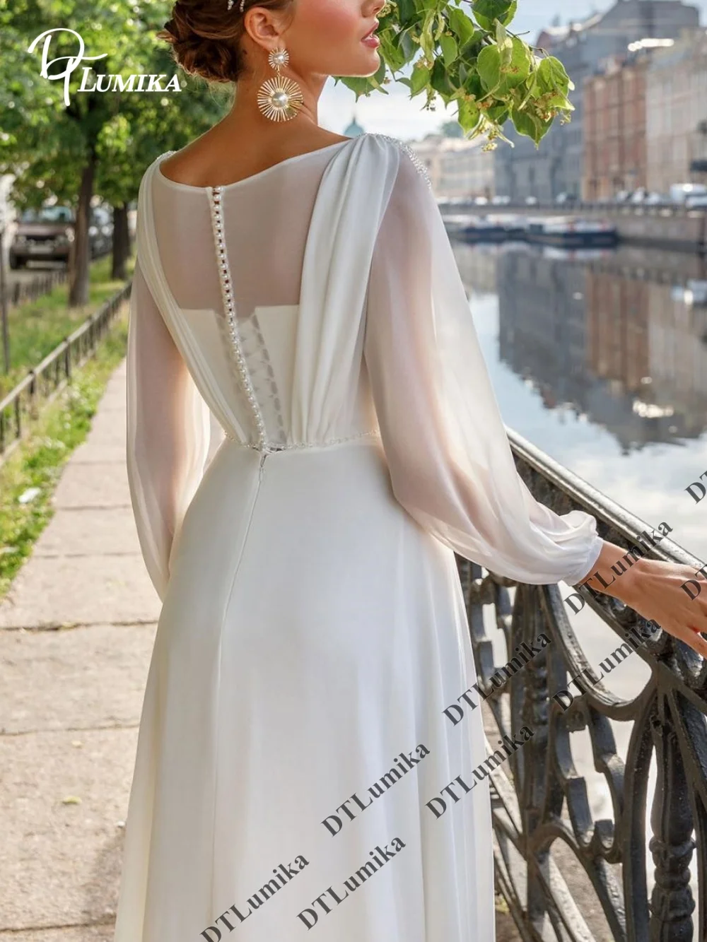 DTLumika Graceful Chiffon Long Bride Dress with Elegant Scoop Neckline Long Wedding Dresses Detachable Jacket Customized Bridal