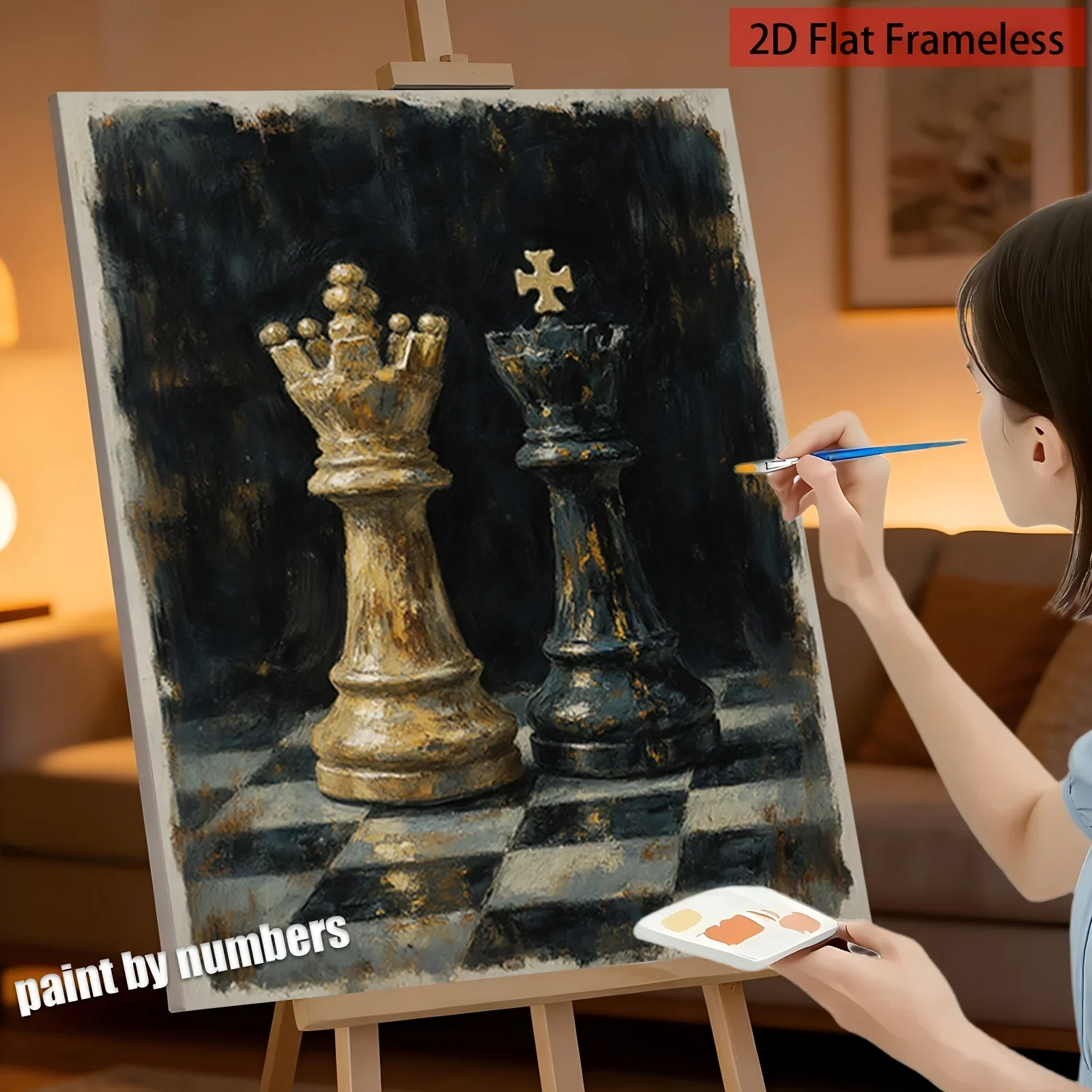 Professional Art Use A Set of Beginner'S Digital Oil Painting Kit Featuring a Black And White Chess King, Hand-Painted Acrylic C
