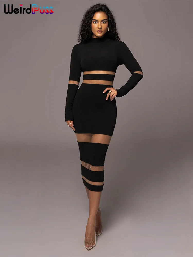 이상한 Puss 메쉬 패치 워크 여성 맥시 드레스 O 넥을 통해 볼 전체 슬리브 우아한 Bodycon 숙녀 저녁 파티 댄스 파티 드레스