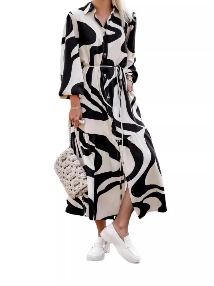 Woman's Casual Print Long Dress Autumn Female Fashion Turn-down Collar Long Sleeve Button Shirt Dresses Ladies Lace-up Vestido