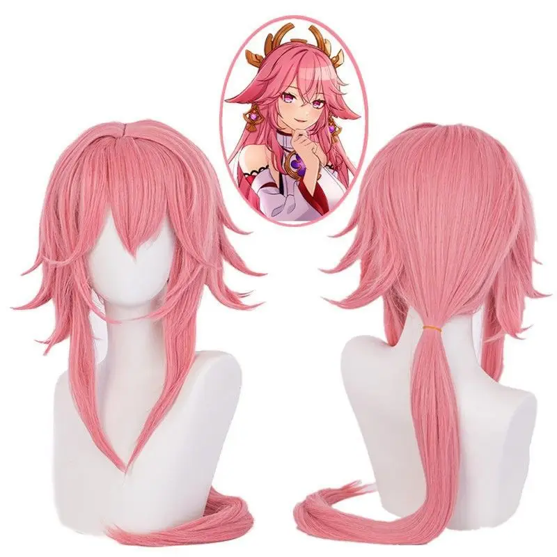 Yae Miko Style Cosplay Pruik - Genshin Impact Inazuma Pink Fox Haar Hoofdhuid Opklapbare Uiteinden, Anime Conventie Accessoire