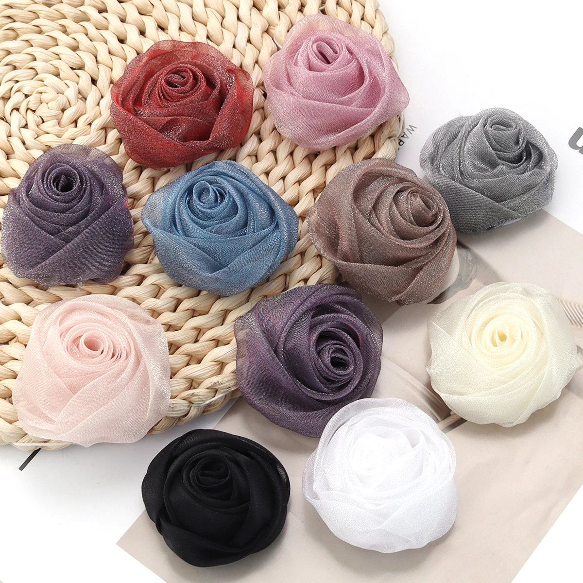 3pcs/lot 5cm Colorful Organza Fabric Rose Flower Head For Wedding Dress Skirt Hat Brooch Decoration DIY Hair Accessories