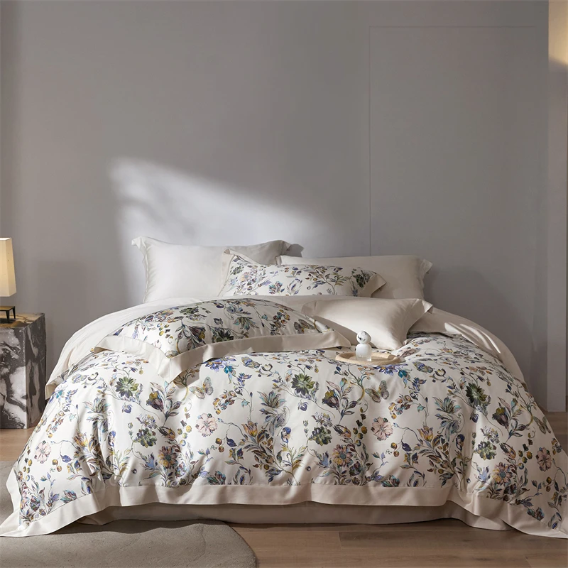 Luxury Watercolor Floral Print Bedding Set Lyocell Cotton Linen Blend Ultra Soft Duvet Cover Flat/Fitted Bed Sheet Pillowcases
