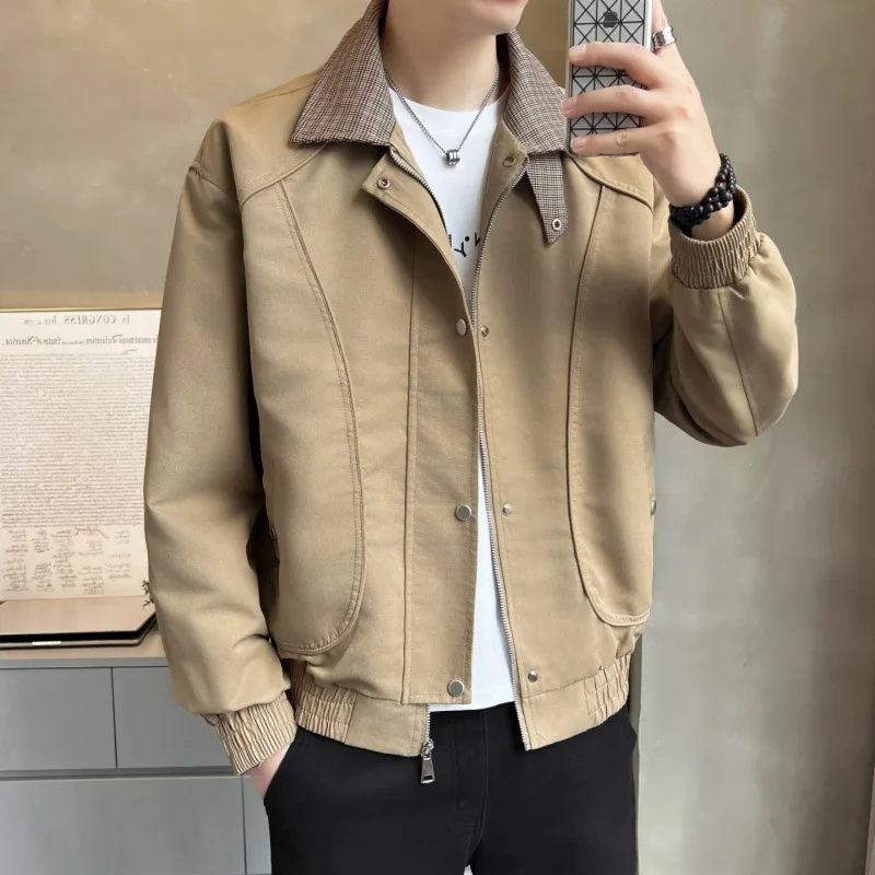 

Autumn Man Coat Plaid Patchwork Turn Down Collar Male Fake Two-piece Jacket Vintage Long Sleeve Zipper Loose Men Outerwear