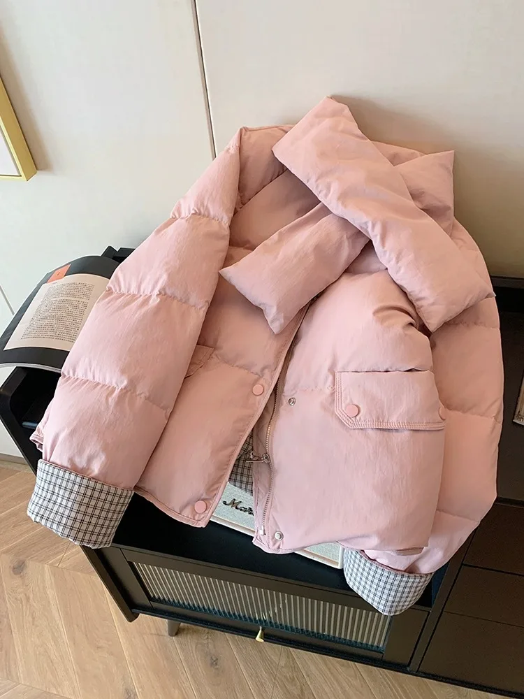 

Pink round Ne down Cotton Jaet Women's Winter plus Size Thiened Bread Sle Plaid Splicing Cotton Coat Korean Loose Fit
