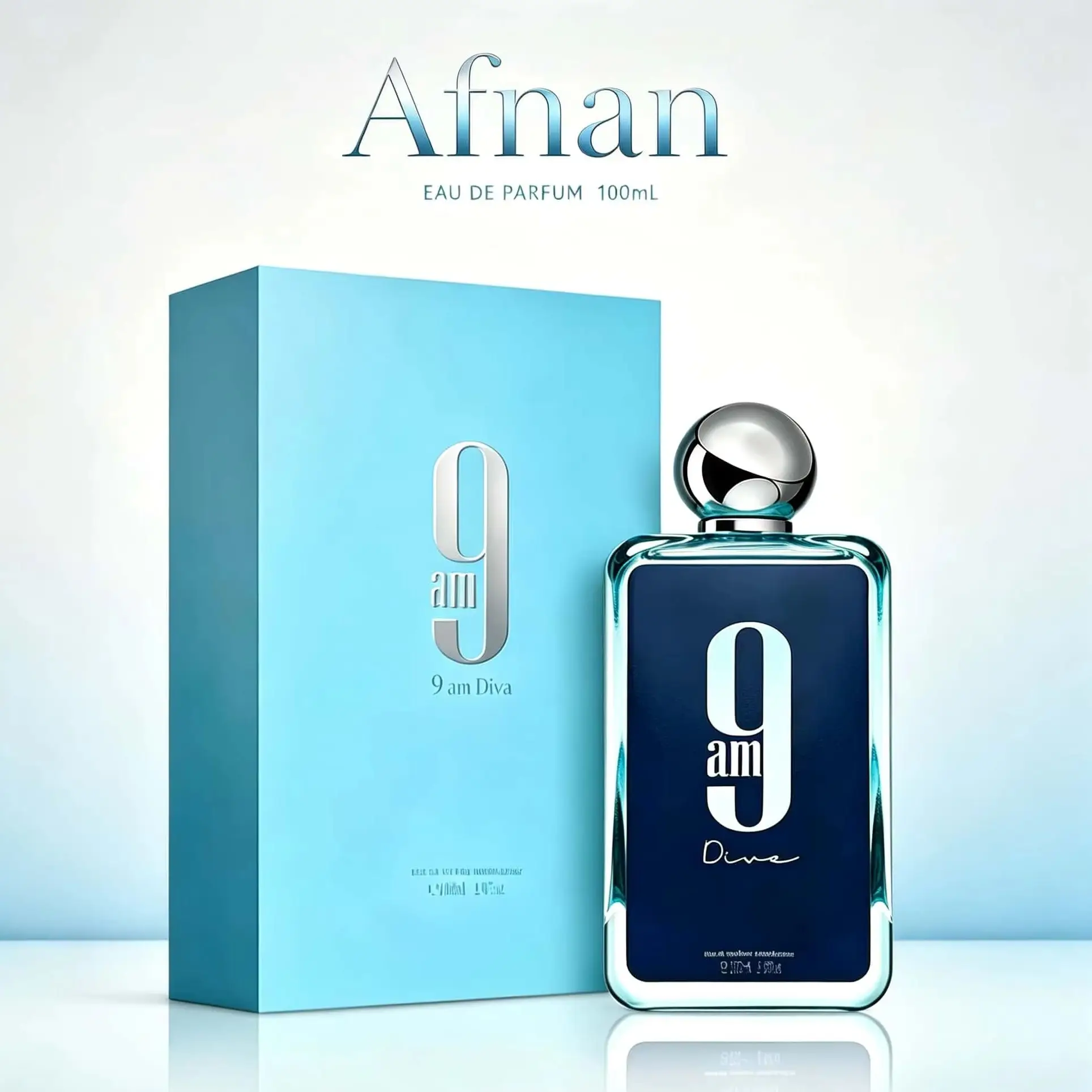 Afnan 9am Diva Eau De Parfum Unisex 100ml, Botella Cuadrada Transparente con Tinte Azul y Tapa Esférica Plateada Pulida, Aroma Floral Cítrico Acuático Fresco, Perfume Árabe de Larga Duración en Spray, Fragancia Diaria para Oficina, Regalo para Hombres y Mujeres