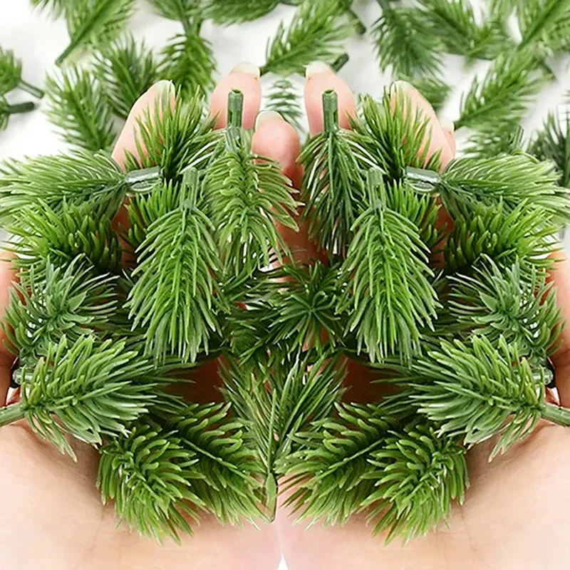 Mini Artificial Pine Needle Branches DIY Green Snow Pine Branch Fake Plants Christmas Tree Ornament Wreath Home Decor Wholesale