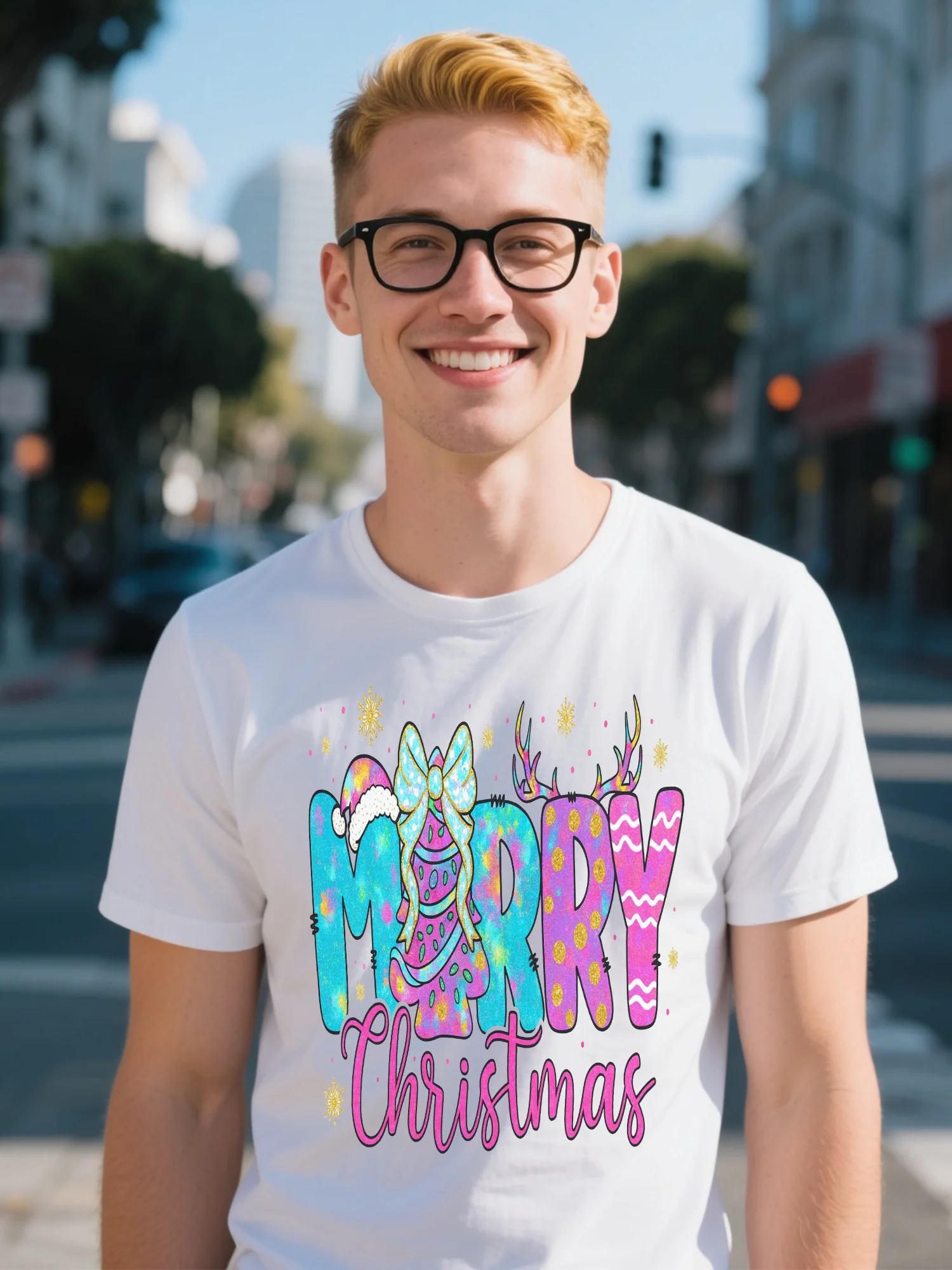 

Organic Cotton Men's T-Shirt - White High Street Santa Hat Print, Moisture-Wicking Winter Essential