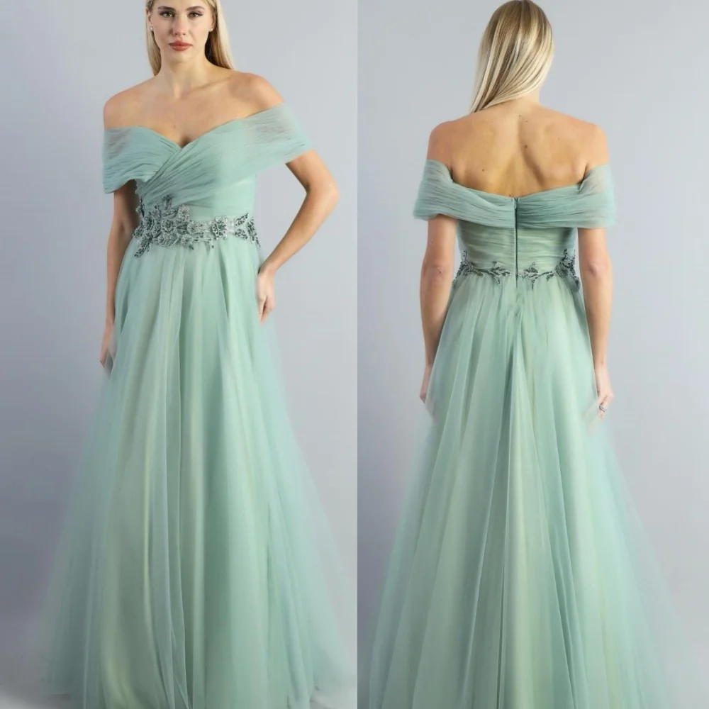 Jiayigong Saudi Arabia  Tulle Draped Pleat Applique Evening A-line Off-the-shoulder Bespoke Occasion Gown Long Dresses