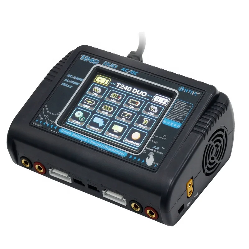 

HTRC T240 DUO RC Электрическое зарядное устройство 150 Вт переменного тока и 240 Вт постоянного тока 10 А Двухканальное балансное разрядное устройство с сенсорным экраном для RC Lipo Battery